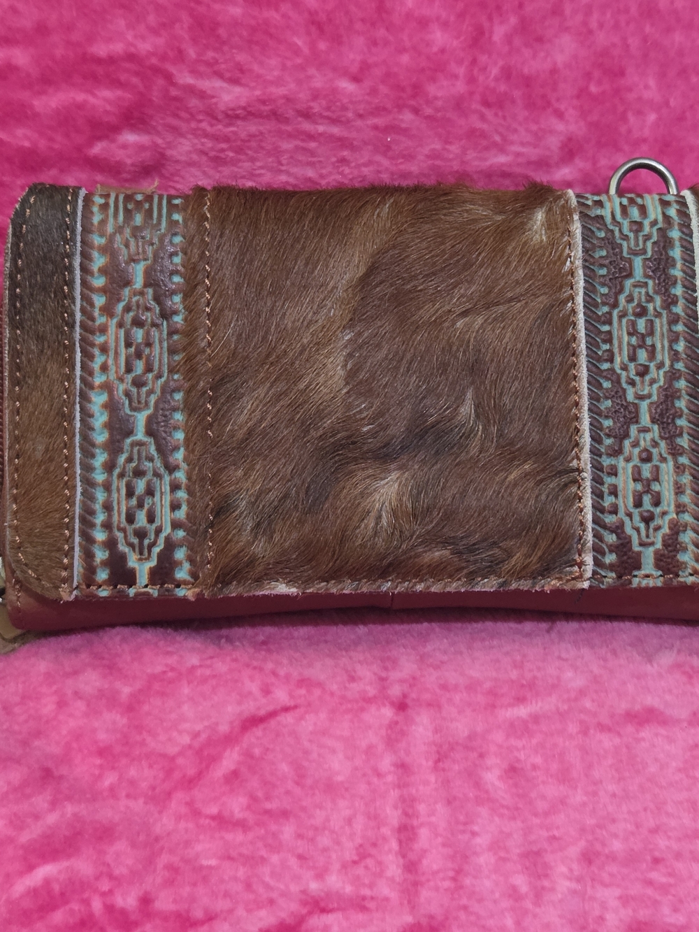 Brown Haircalf and Turquoise Accent Women's Clutch Genuine Leather